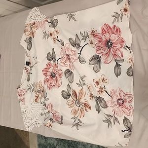 White, pink & grey floral with lace sleeves